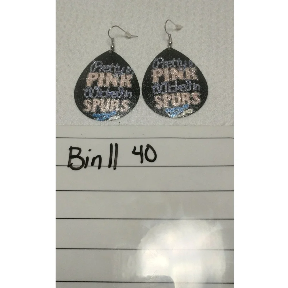 Pretty‎ In Pink Wicked In Spurs Teardrop Earrings Black Glitter Western Dangle